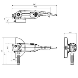 Måltegning af Metabos vinkelsliber Ø230 mm, 2000 W